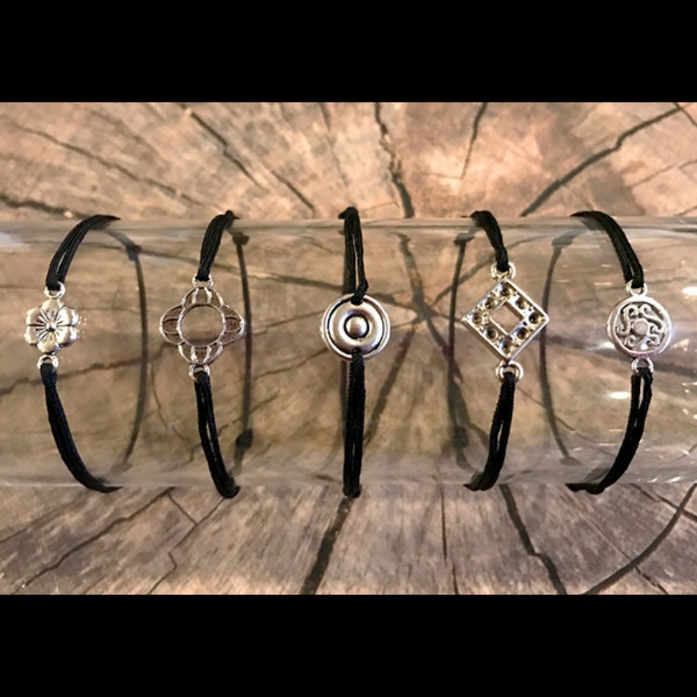 Set of 5 Sliding Knot Silvertone Medallion Bracelets